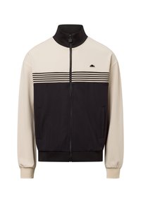 Kurtka zapinana na zamek, posiadająca czarną dolną część i kremową górną, z poziomymi paskami. Wykonana z teksturowanej tkaniny, z bocznymi kieszeniami.