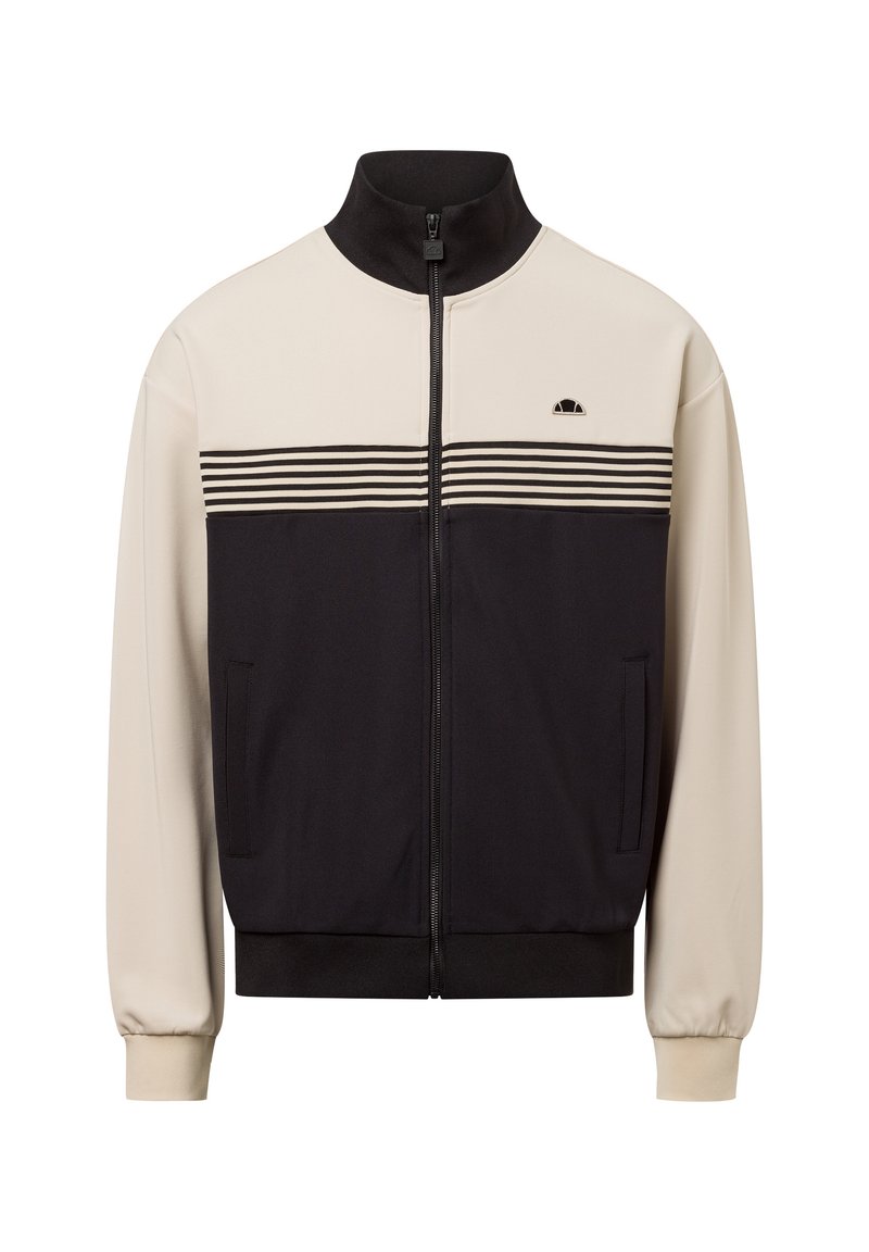 Kurtka zapinana na zamek, posiadająca czarną dolną część i kremową górną, z poziomymi paskami. Wykonana z teksturowanej tkaniny, z bocznymi kieszeniami.