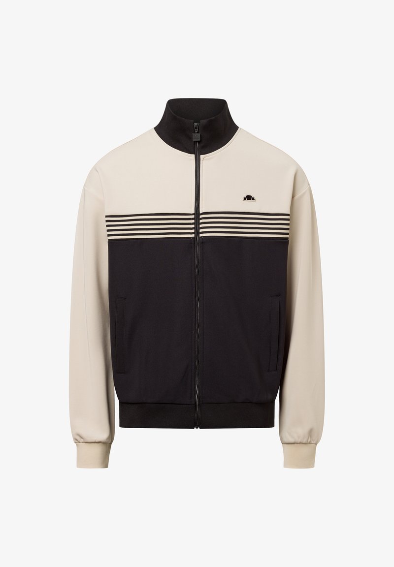 Kurtka zapinana na zamek, posiadająca czarną dolną część i kremową górną, z poziomymi paskami. Wykonana z teksturowanej tkaniny, z bocznymi kieszeniami.