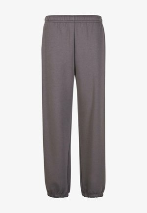 Gray sweatpants made of soft fabric, featuring an elastic waistband, side pockets, and elastic cuffs at the ankles for a relaxed fit.