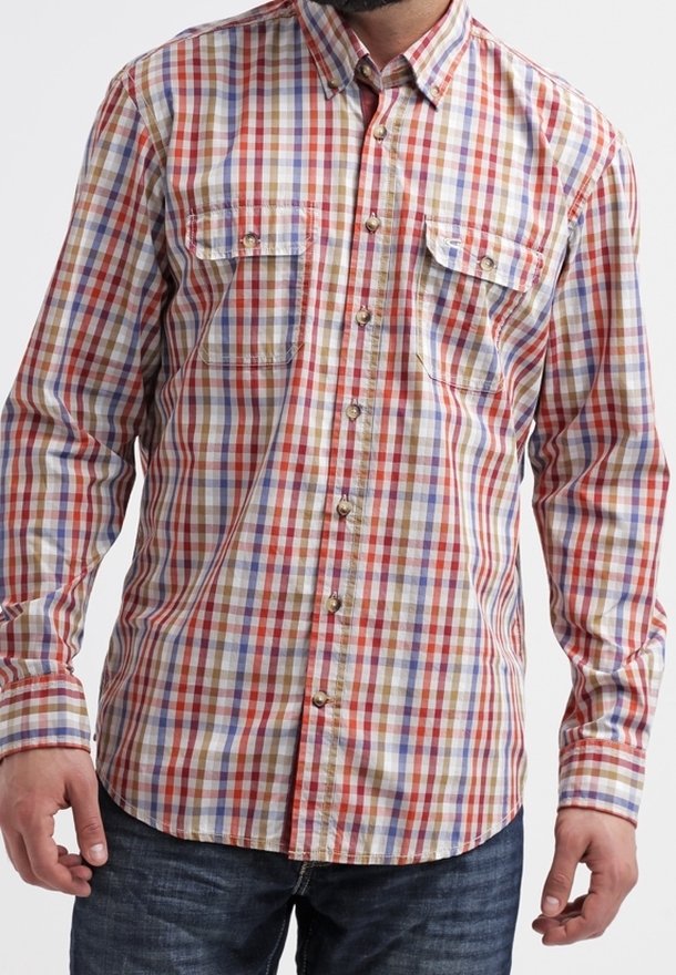 Men's long-sleeve shirt in a multicolored plaid pattern, featuring red, blue, and beige squares, button-down collar, and chest pockets.