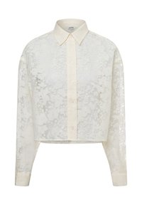 Cropped blouse in white sheer fabric with floral pattern. Features long sleeves, a classic collar, and button front closure.