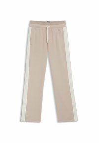 Beige sweatpants met een witte zijstreep, elastische tailleband, touwtje en zijzakken. Gemaakt van een zachte, katoenen mixstof.