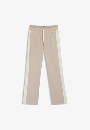 Beige sweatpants met een witte zijstreep, elastische tailleband, touwtje en zijzakken. Gemaakt van een zachte, katoenen mixstof.