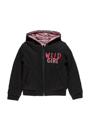 Black zip-up hoodie with pink leopard print lining and "WILD GIRL" text in pink on the chest, featuring front pockets and ribbed cuffs.