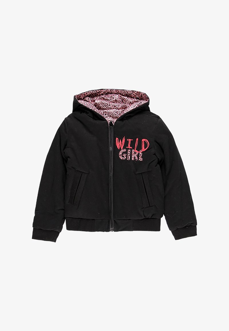 Sweat à capuche noir zippé avec doublure imprimée léopard rose et texte « WILD GIRL » en rose sur la poitrine, doté de poches avant et de poignets côtelés.