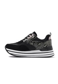Sneaker nera con una combinazione di suede e design a stampa serpente testurizzata, caratterizzata da una robusta suola bianca con strisce nere e lacci neri.