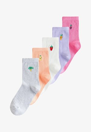 Set of five ribbed socks in gray, orange, white, lavender, and pink, each featuring unique embroidered fruit or vegetable designs.