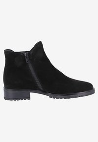 Bottes sautées en daim noir avec fermeture éclair latérale, talon bas empilé et surface texturée. Bout arrondi et semelle extérieure en caoutchouc durable.