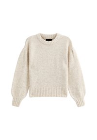 Lichtbeige gebreide trui met een ronde halslijn, geribbelde zoom en volumineuze mouwen. Zachte textuur en een relaxed fit.