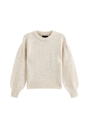 Maglione in beige chiaro lavorato a maglia con scollo rotondo, orlo a costine e maniche voluminose. Texture morbida e vestibilità comoda.