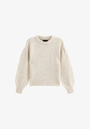 Pull en tricot beige clair avec un col rond, un ourlet côtelé et des manches volumineuses. Texture douce et coupe décontractée.
