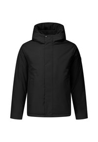 Schwarze isolierte Jacke mit Kapuze, Reißverschluss und Seitentaschen. Der Stoff wirkt glatt mit einer matten Oberfläche und minimalistischen Design.