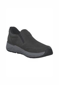 Zapato negro tipo slip-on con una parte superior lisa, paneles laterales elásticos, cuello acolchado y una suela gruesa gris para soporte y comodidad.