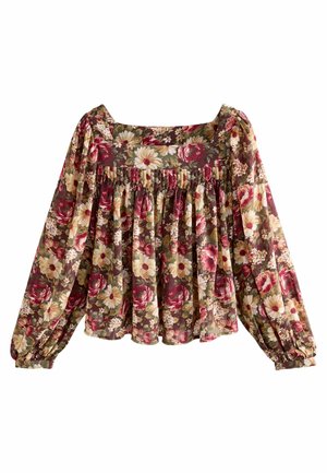 Floral blouse in lightweight fabric, featuring a square neckline, long sleeves with elastic cuffs, and a gathering detail at the waist.