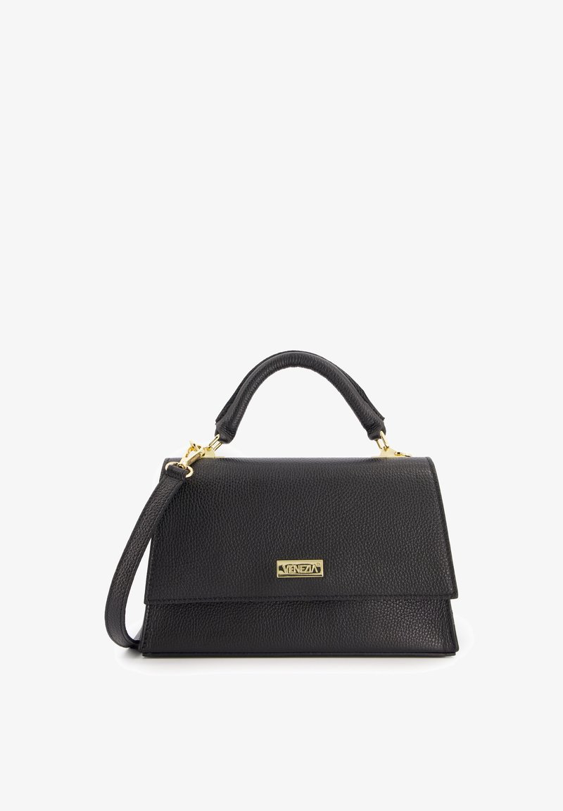 Black leather handbag with a structured shape, featuring a short handle and a removable shoulder strap. Gold hardware accents are present.
