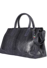 Large dark gray handbag made of textured faux snakeskin, features dual handles, side strap, and a small tricolor tag attached.