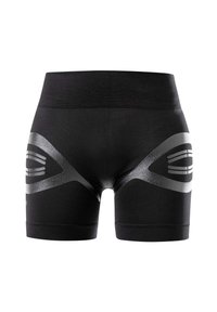 Zwarte sportieve shorts met een brede tailleband, voorzien van metallic zilveren accenten en een strakke, aansluitende pasvorm. Zacht, elastisch materiaal met textuurdetails.