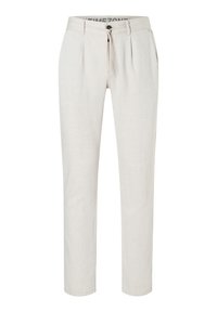 Helle beige Leinenhose mit Knopfverschluss und Kordelzugbund. Hat eine schmal zulaufende Passform und eine weiche Textur. Keine sichtbaren Muster oder Akzente.