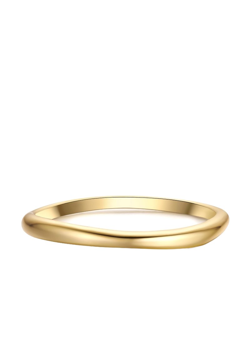 Auksinis žiedas su lygiu, sukurtu dizainu. Pagamintas iš poliruoto metalo, jis turi ploną, apvalią juostą su vientisu paviršiumi.