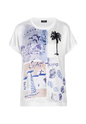 Weißes T-Shirt mit blauen und beigen Küstenmotiven, schwarzem Palmenbaum aus Pailletten, Muschel-Illustrationen und dem Text „Côte d'Azur“ und „Saint Tropez“.