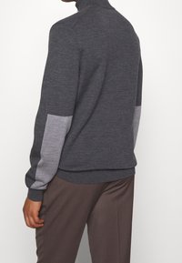 Dunkelgrauer Pullover mit hohem Kragen, ausgestattet mit hellgrauen Akzenten an den Ärmeln. Weiche Textur und taillierte Passform mit geripptem Saum.