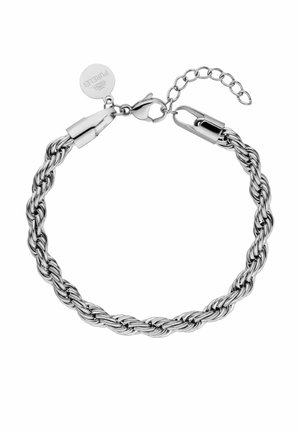 Bransoletka z posrebrzanego skręcanego łańcuszka z zapięciem typu karabińczyk i regulowanym łańcuszkiem, ozdobiona małym, okrągłym zawieszonym z logo.