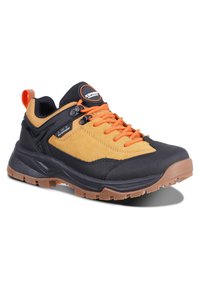 Zwarte en tan waterdichte wandelschoen met oranje veters, getextureerd suede en synthetisch bovenwerk, rubberen zool en verstelbaar vetersysteem.