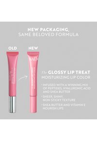 To rør med leppefarge side om side: det venstre har en sølvbase med rosa tekst, mens det høyre har et rosa rør med flat topp og hvit tekst.