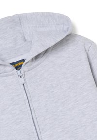 Grijze zip hoodie met een zachte textuur, voorzien van een capuchon, een centrale rits en een contrasterend binnenlabel. Eenvoudig design, zonder patronen of accenten.