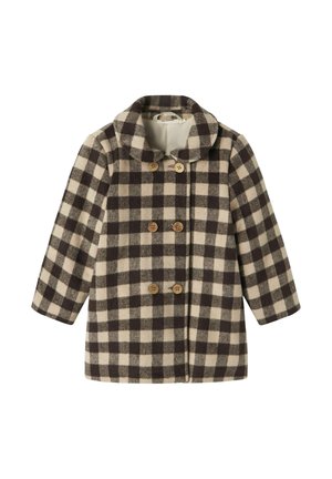 Dobbeltradet frakke med sort-hvidternet mønster, træknapper, lange ærmer og en bred krave, vist på en hvid baggrund.