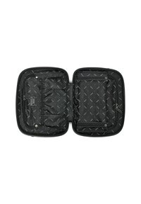 Black fabric travel organizer opened flat showing multiple zippered and snap compartments with a repeating "REDOLZ" pattern.