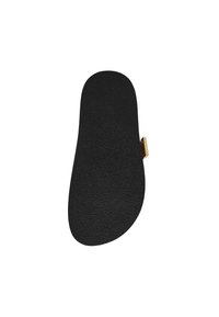Sorte indlægssåler med en tekstureret overflade og en afrundet form. Guld hardware accent på siden. Fladt design der passer til forskellige fodtøj.