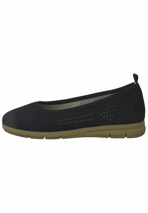 Marineblauwe ballerina's van zacht materiaal met een geperforeerd ontwerp en een flexibele beige zool voor comfort. Minimalistische stijl met een trekband.