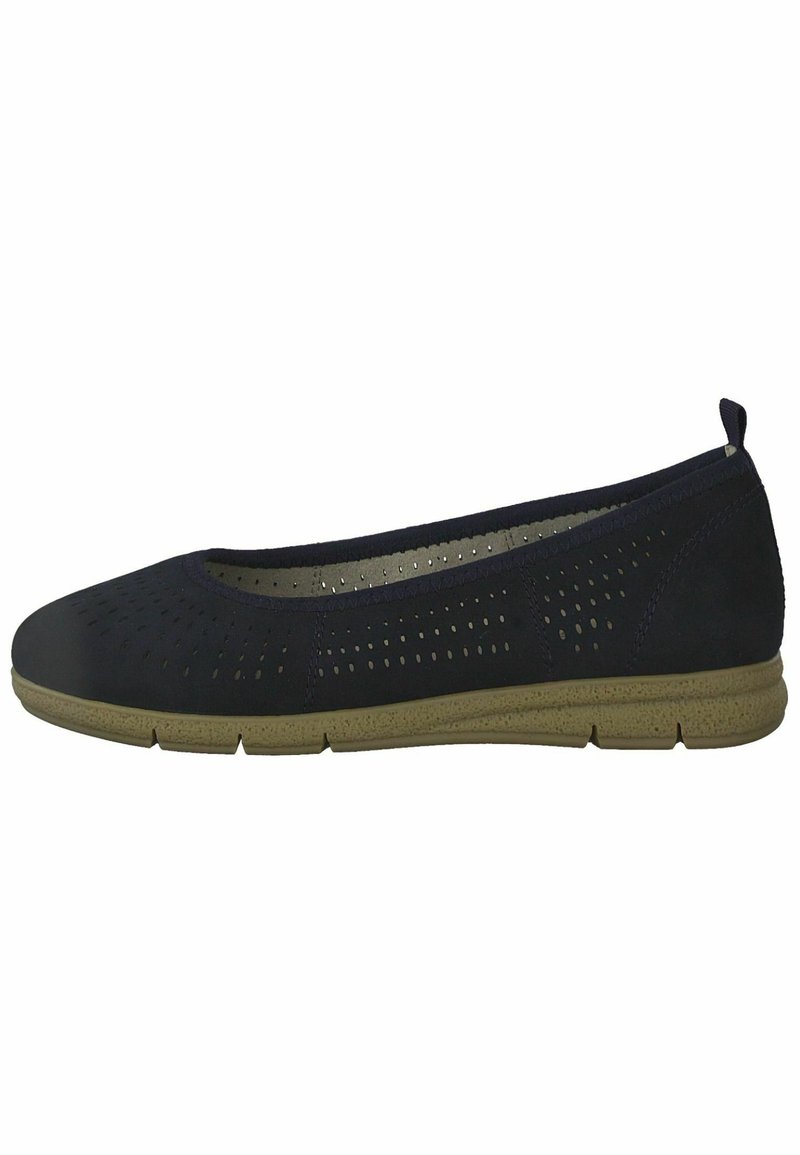 Bailarinas azul marino hechas de material suave con un diseño perforado y una suela flexible beige para mayor confort. Estilo minimalista con una asa.