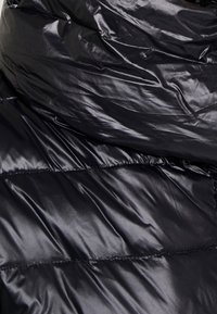 Chaqueta de plumas negra con un diseño acolchado, material de nailon brillante y un cuello alto con una textura suave y un grosor de aislamiento.