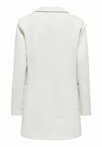 Witte jas met een gestructureerd visgraatpatroon, lange mouwen, ingesneden kraag en zijzakken. Heeft een schone achterkant.