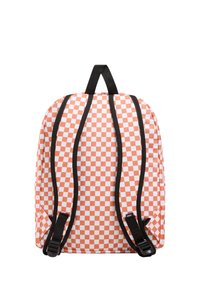 Sac à dos avec un motif de damier orange et blanc, dotée de bretelles et d'une poignée noires, en tissu résistant et de forme rectangulaire.