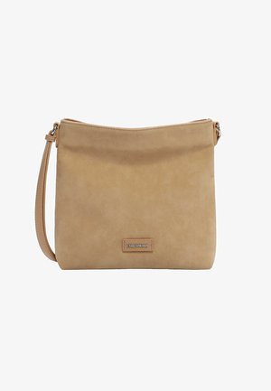 Beige Umhängetasche mit verstellbarem Riemen, rechteckiger Form und kleinem silbernem Logoplateau mit der Aufschrift "EMILY&NOAH" in der vorderen Mitte.