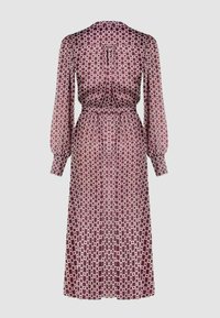 Abito a maniche lunghe con motivo geometrico bordeaux e panna, con vita aderente e gonna fluente. Realizzato in tessuto leggero e trasparente.