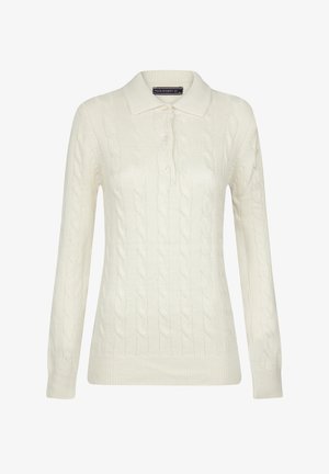 Maglione polo a maglia crema con maniche lunghe, caratterizzato da un motivo a cavo testurizzato e una patta con tre bottoni col colletto.