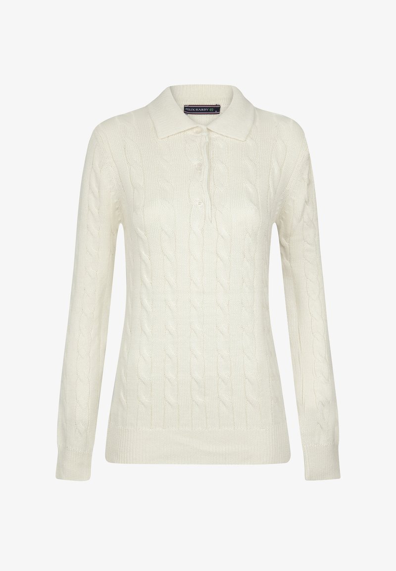 Maglione polo a maglia crema con maniche lunghe, caratterizzato da un motivo a cavo testurizzato e una patta con tre bottoni col colletto.