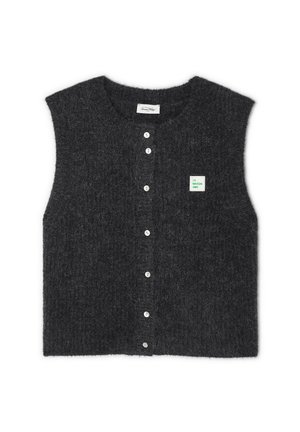 Sleeveless dark gray wool vest with button front closure and a green label detailing "LA MAISON AMV" on the left side. Soft texture.
