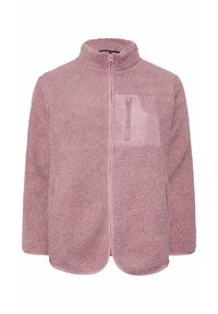 Chaqueta de forro polar rosa con un alto cuello, cierre frontal con cremallera y un bolsillo en el pecho hecho de tela suave. Material suave y texturizado en toda la prenda.