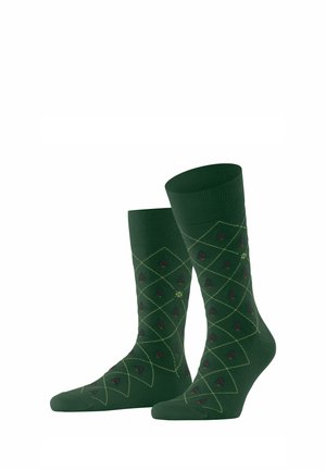 Green socks featuring a diamond pattern with red flowers, ribbed cuffs, and a smooth texture. Ideal for casual wear.