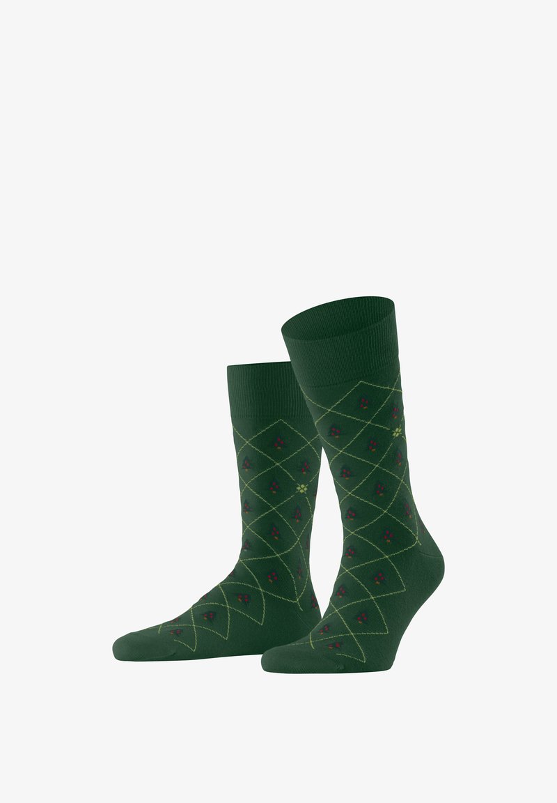 Grüne Socken mit einem Rautenmuster und roten Blumen, samt gerippten Bündchen und glatter Textur. Ideal für den Freizeitgebrauch.