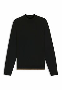 Maglione nero in maglia con maniche lunghe e colletto alto. Presenta un dettaglio dorato all'orlo. Decorato da una trama liscia e design aderente.