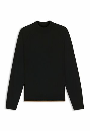 Maglione nero in maglia con maniche lunghe e colletto alto. Presenta un dettaglio dorato all'orlo. Decorato da una trama liscia e design aderente.