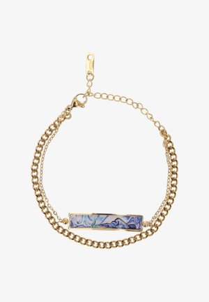 Arany lánc karkötő téglalap alakú, márványmintás kék, lila és fehér zománc középpel és állítható csattal.
