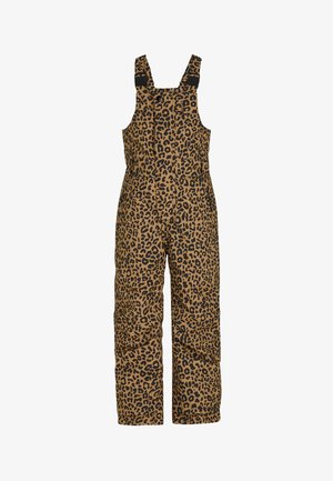 Latzhosen im Leopardenmuster mit einem hellbraunen Hintergrund und schwarzen Flecken, verstellbaren Trägern und einer lockeren Passform. Hergestellt aus einem strapazierfähigen Stoff.